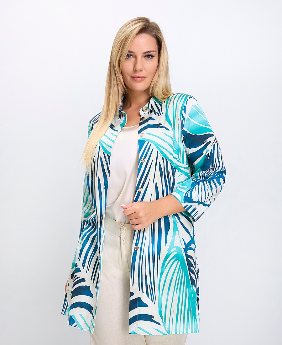 Donna Vita Γυναικείο Πουκάμισο Βαμβακερό με Τροπικό Μοτίβο Regular Fit σε Τιρκουάζ