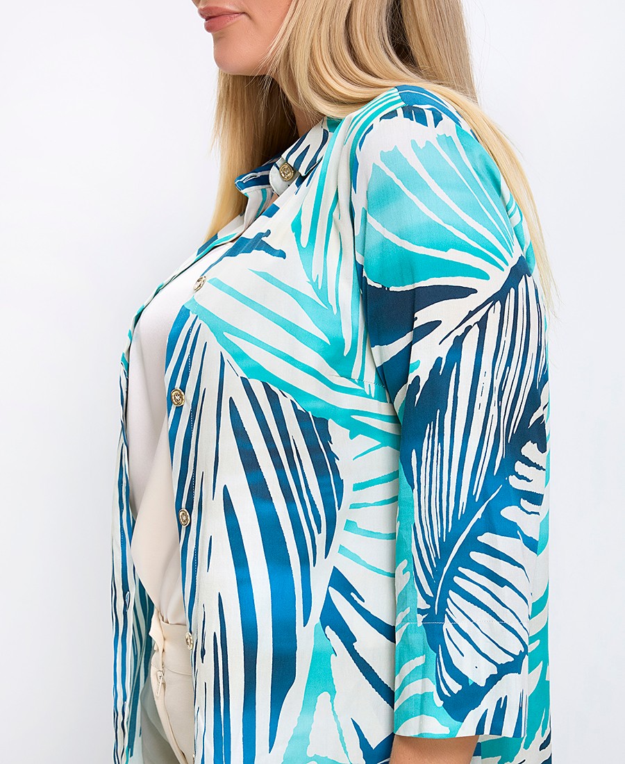 Γυναικείο Πουκάμισο Βαμβακερό με Τροπικό Μοτίβο Regular Fit σε Τιρκουάζ φωτογραφία