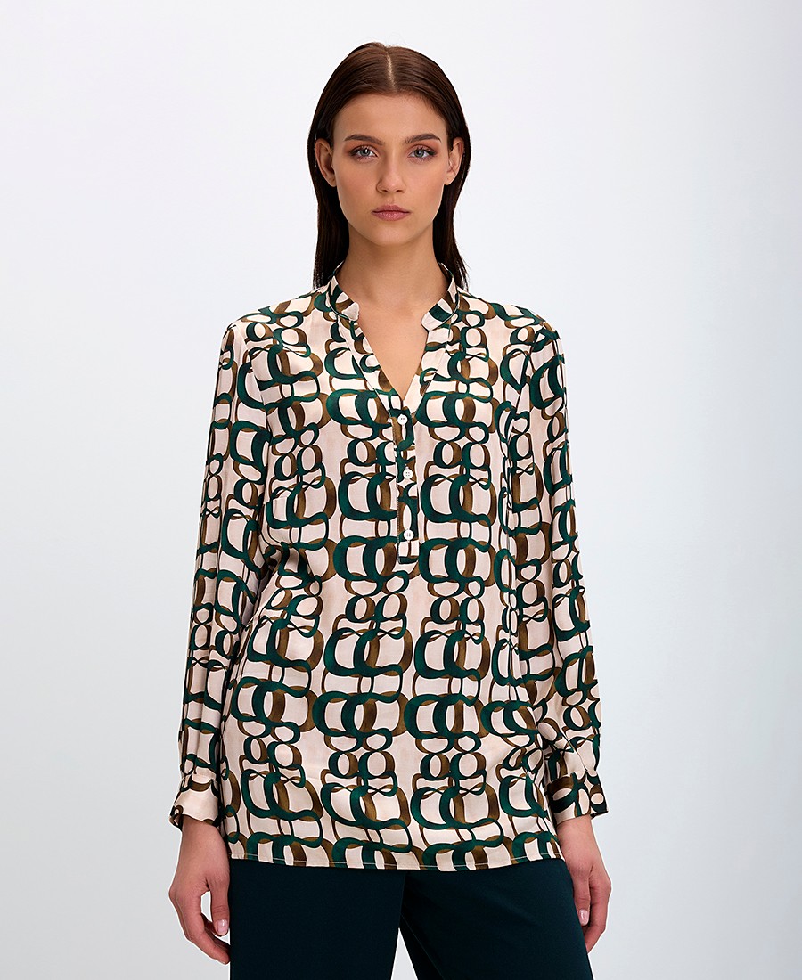 Donna Vita Γυναικεία Πουκαμίσα με Μάο Γιακά και Εμπριμέ Μοτίβο Relaxed Fit