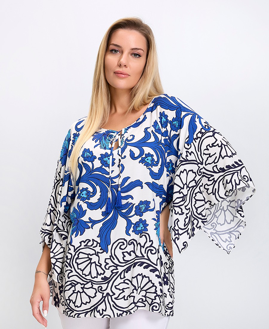 Luisa Viola Γυναικεία Μπλούζα Regular Fit Viscose Με Μοτίβο Και Φαρδύ Μανίκι Λευκή