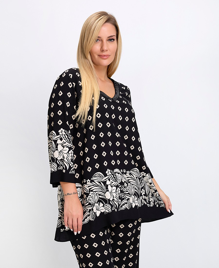 Luisa Viola Luisa Viola Γυναικεία Μπλούζα με Σχέδιο Ρόμβων και Λουλουδιών Comfort Fit σε Μαύρο
