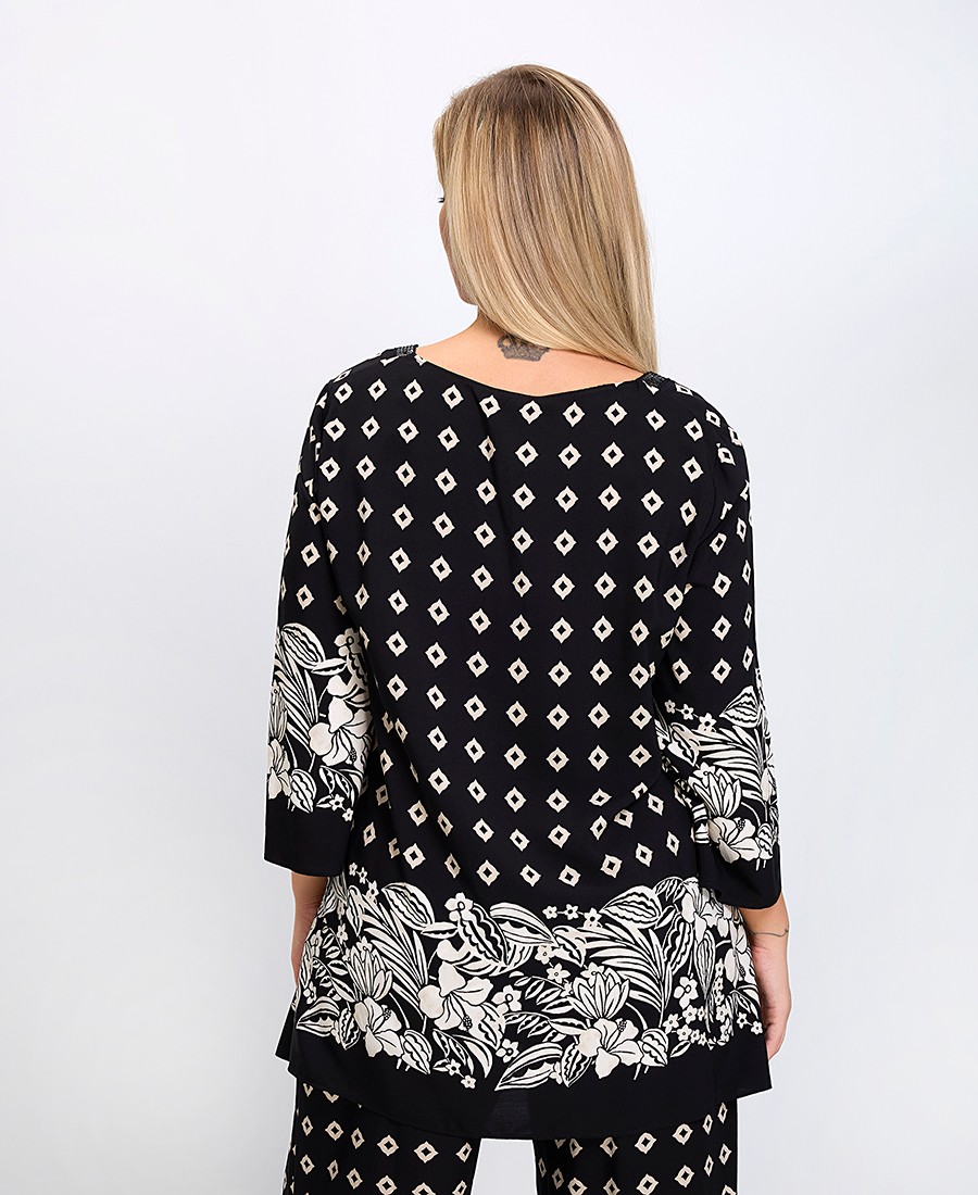 Luisa Viola Γυναικεία Μπλούζα με Σχέδιο Ρόμβων και Λουλουδιών Comfort Fit σε Μαύρο φωτογραφία