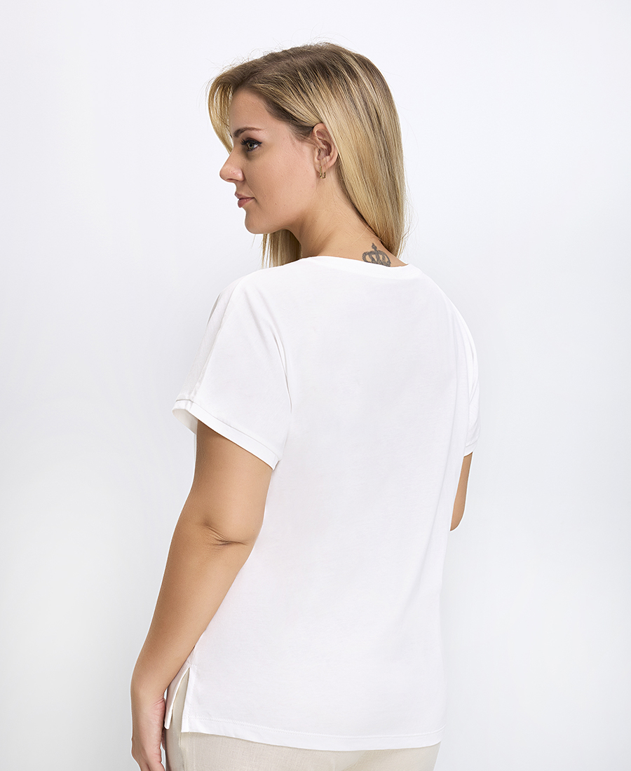 T-Shirt Γυναικείο Regular Fit Βαμβακερό Με Print Και Στρας Λευκό φωτογραφία