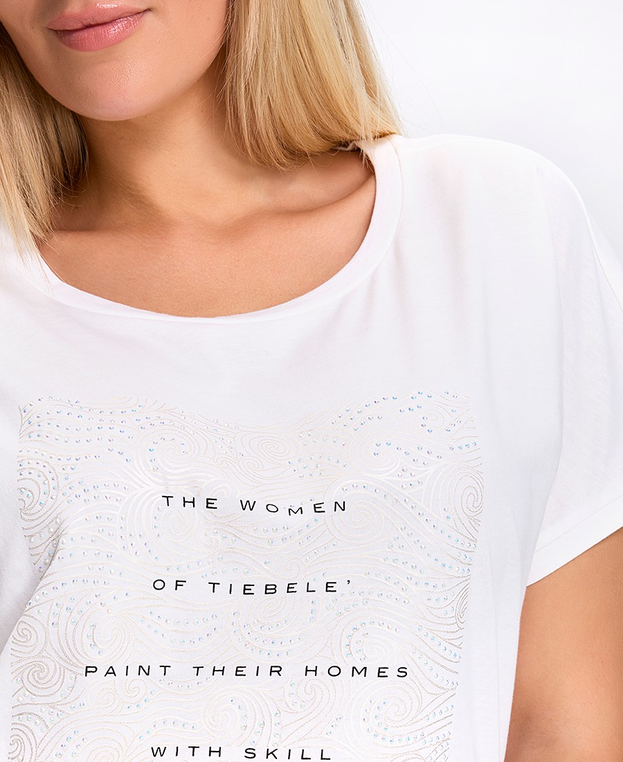 T-Shirt Γυναικείο Regular Fit Βαμβακερό Με Print Και Στρας Λευκό φωτογραφία