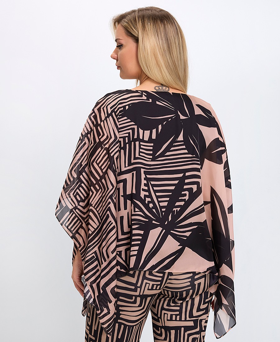 Γυναικεία Μπλούζα Poncho με Γραμμικό Print σε Nude Τόνους φωτογραφία