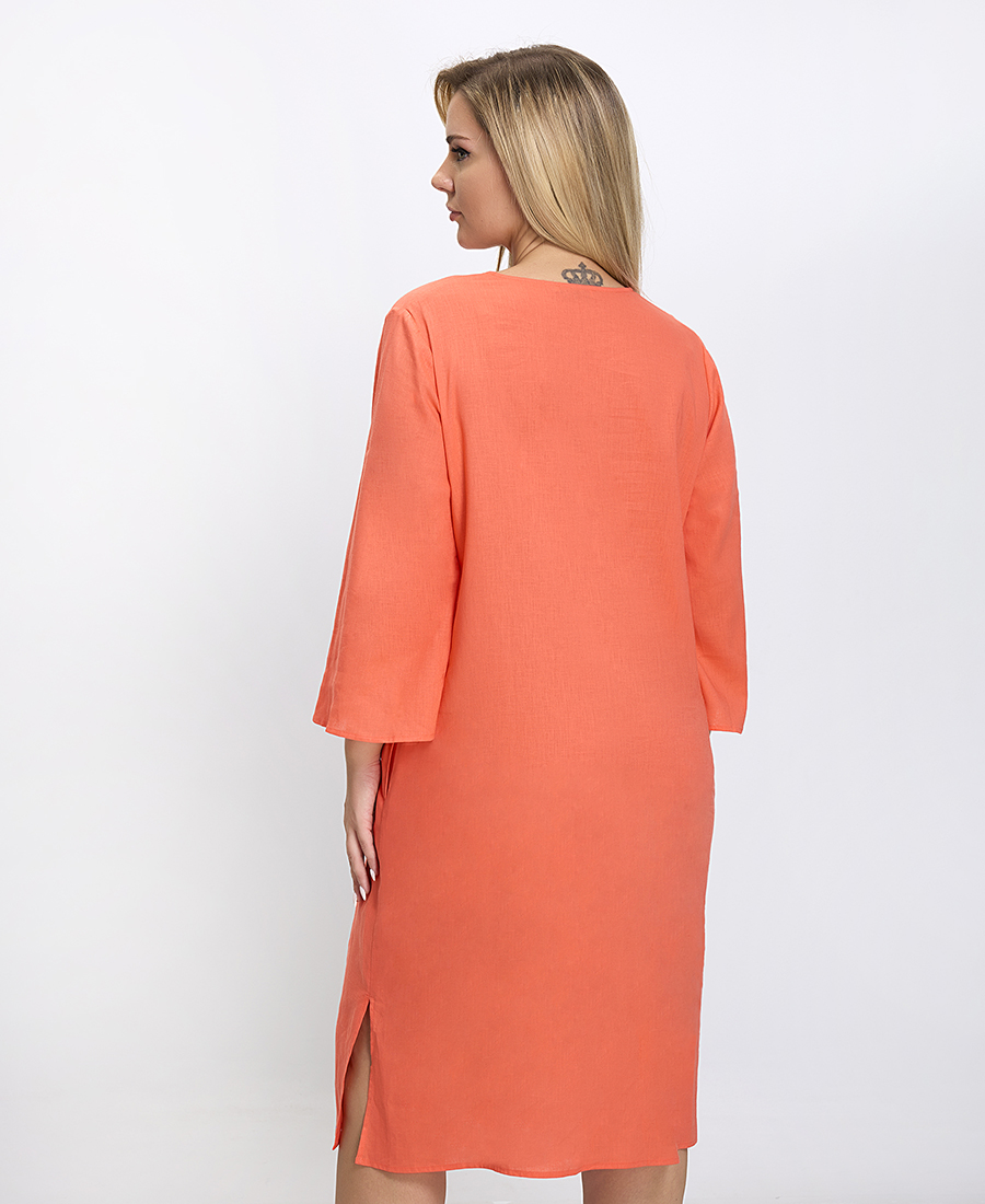 Γυναικείο Φόρεμα Regular Fit Λινό Με Κεντητό Μοτίβο Πορτοκαλί φωτογραφία
