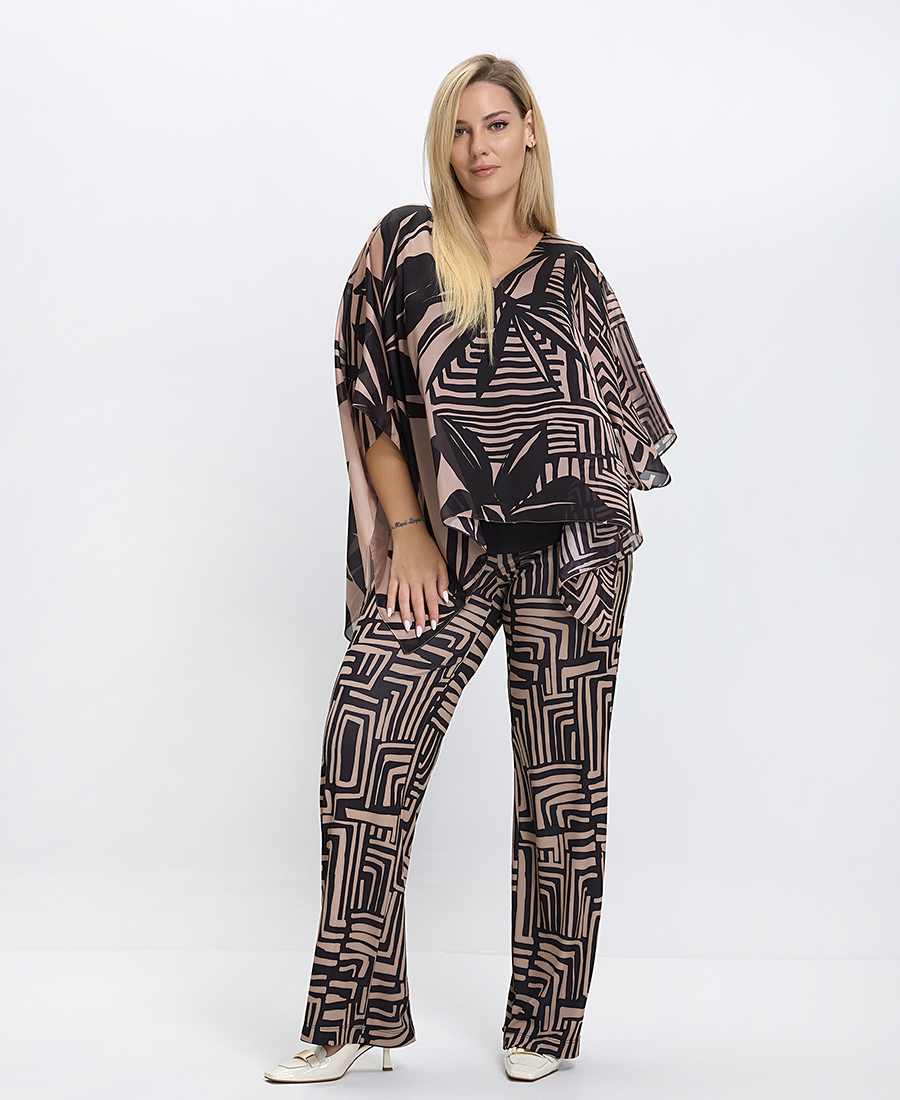 Γυναικείο Παντελόνι με Γραμμικό Μοτίβο Wide Leg σε Nude Τόνους φωτογραφία
