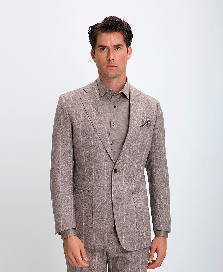 HD x Vardas Ανδρικό Κοστούμι Slim Fit Ανοιχτό Καφέ Ριγέ φωτογραφία