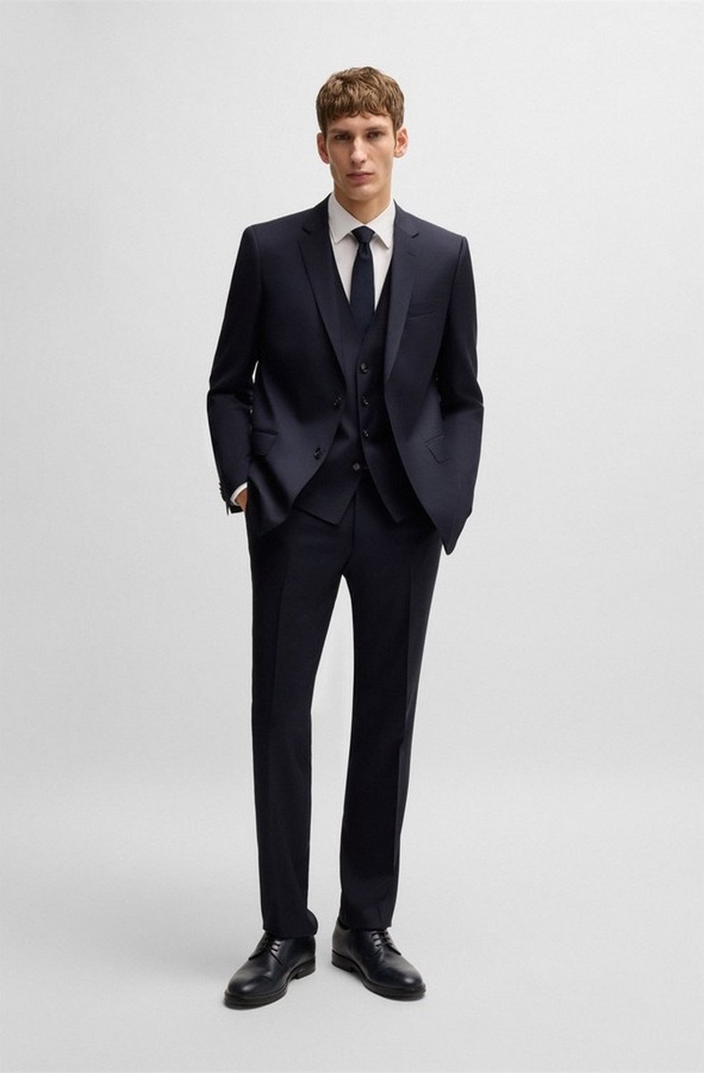 Boss Boss Ανδρικό Κοστούμι Slim Fit Three-Piece Μάλλινο Μπλε