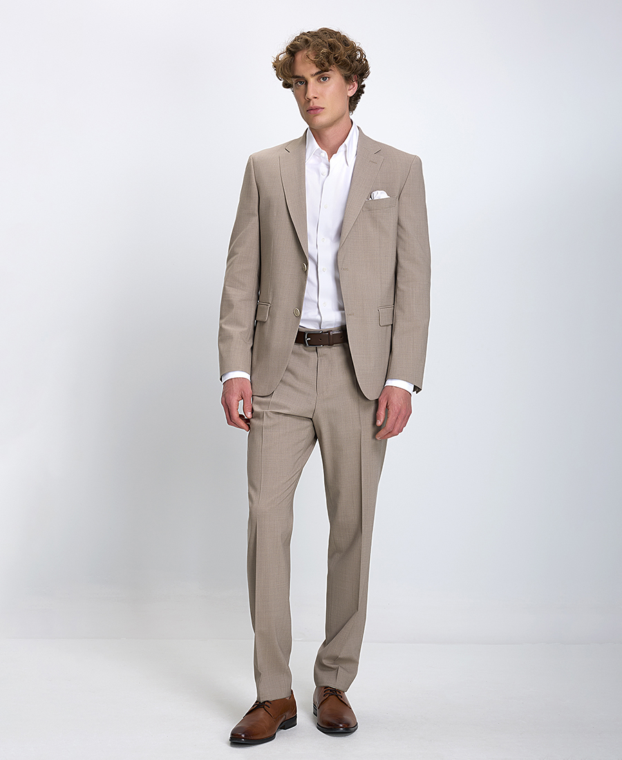 Boss Ανδρικό Κοστούμι Regular Fit Από Cool Wool Με Ελαστικότητα Μπεζ