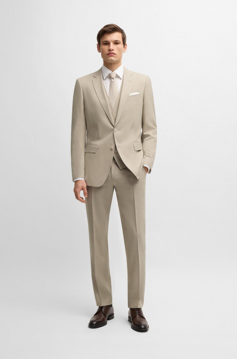 Boss Boss Ανδρικό Κοστούμι Three-Piece Slim Fit Μάλλινο Μπεζ