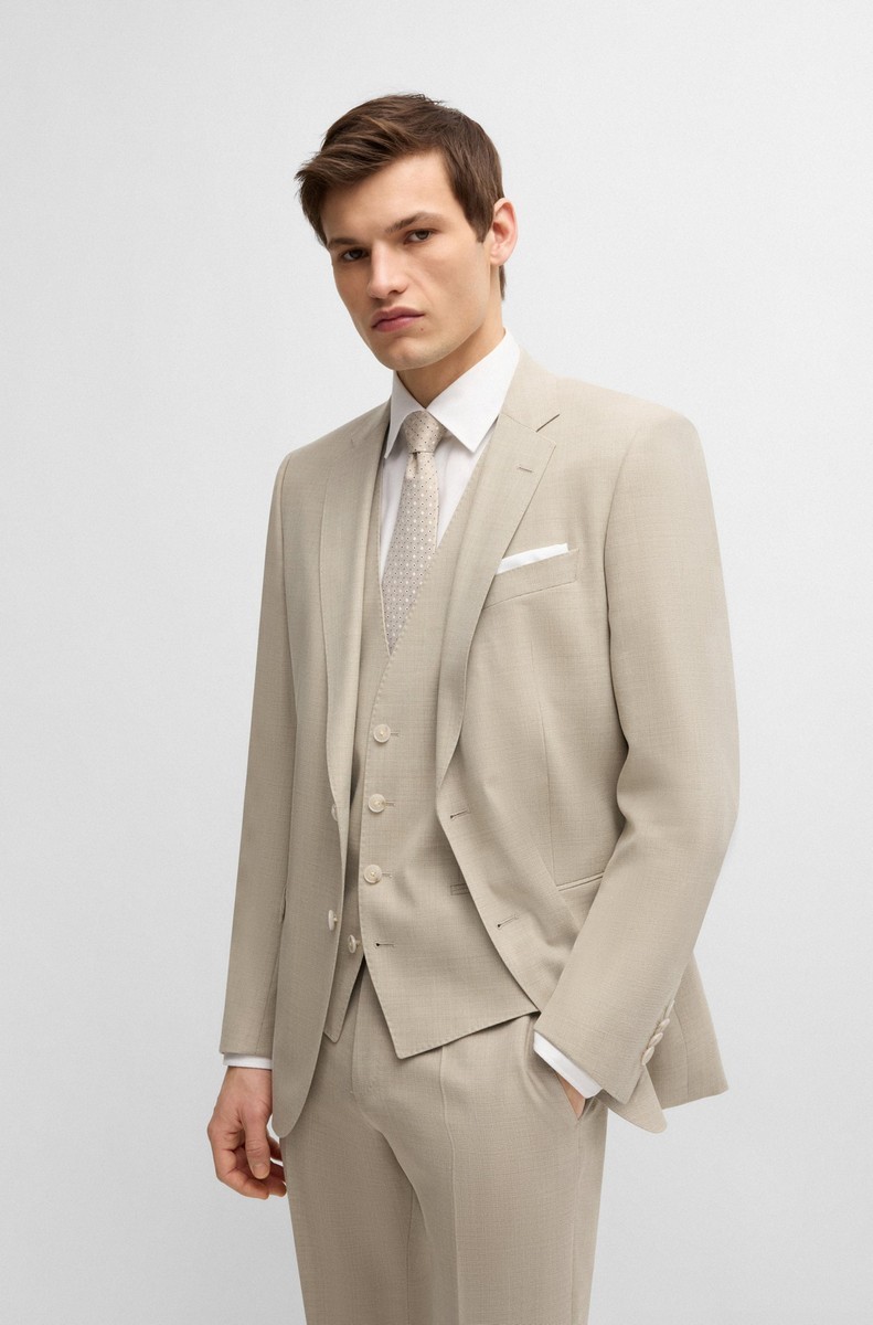 Boss Ανδρικό Κοστούμι Three-Piece Slim Fit Μάλλινο Μπεζ φωτογραφία