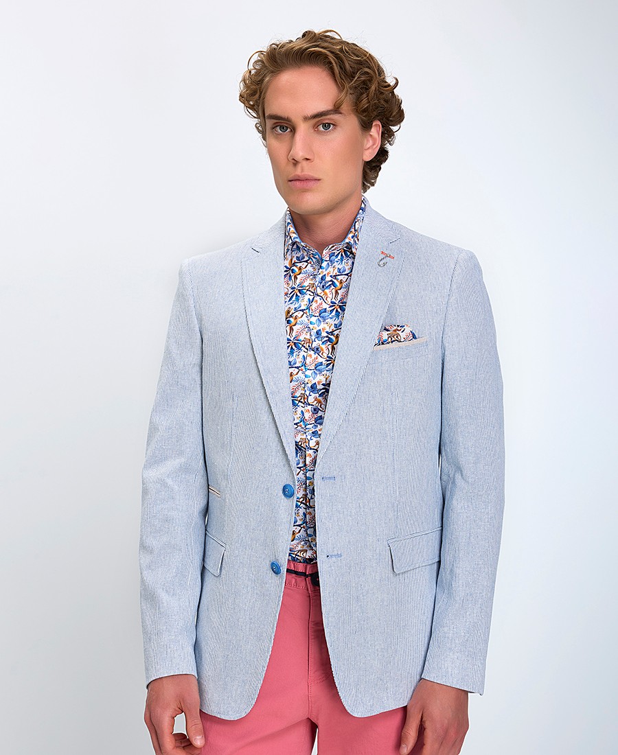A Fish named Fred Ανδρικό Λινό Σακάκι Blazer με Ρίγες σε Ανοιχτό Μπλε