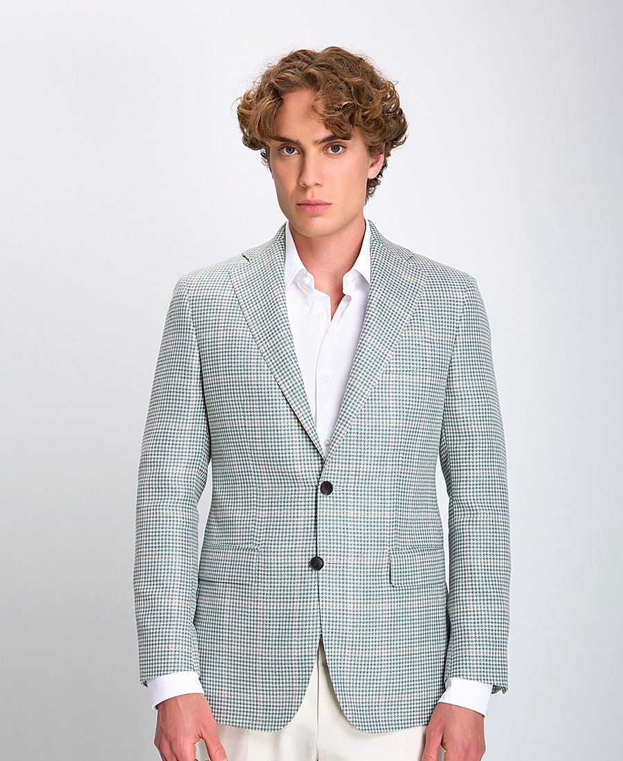 Hd X Vardas Ανδρικό Σακάκι Slim Fit Από Μείγμα Wool, Μετάξι Και Λινό Πράσινο Καρό