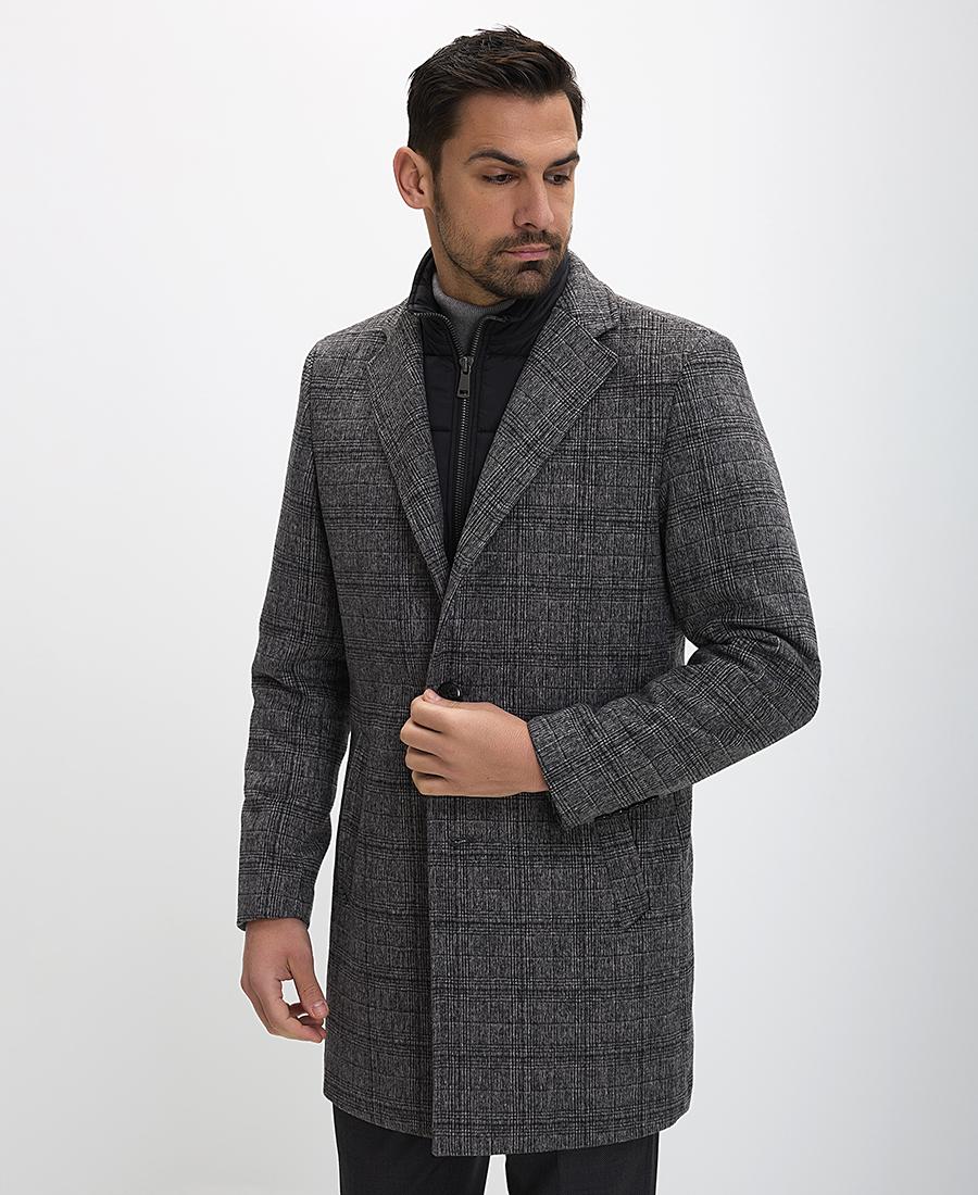 Commander Ανδρικό Καρό Παλτό Regular Fit Γκρι
