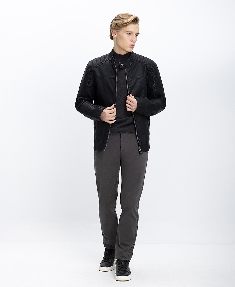 Ανδρικό Μπουφάν Δερματίνη Με Όρθιο Γιακά & Ραφές φωτογραφία