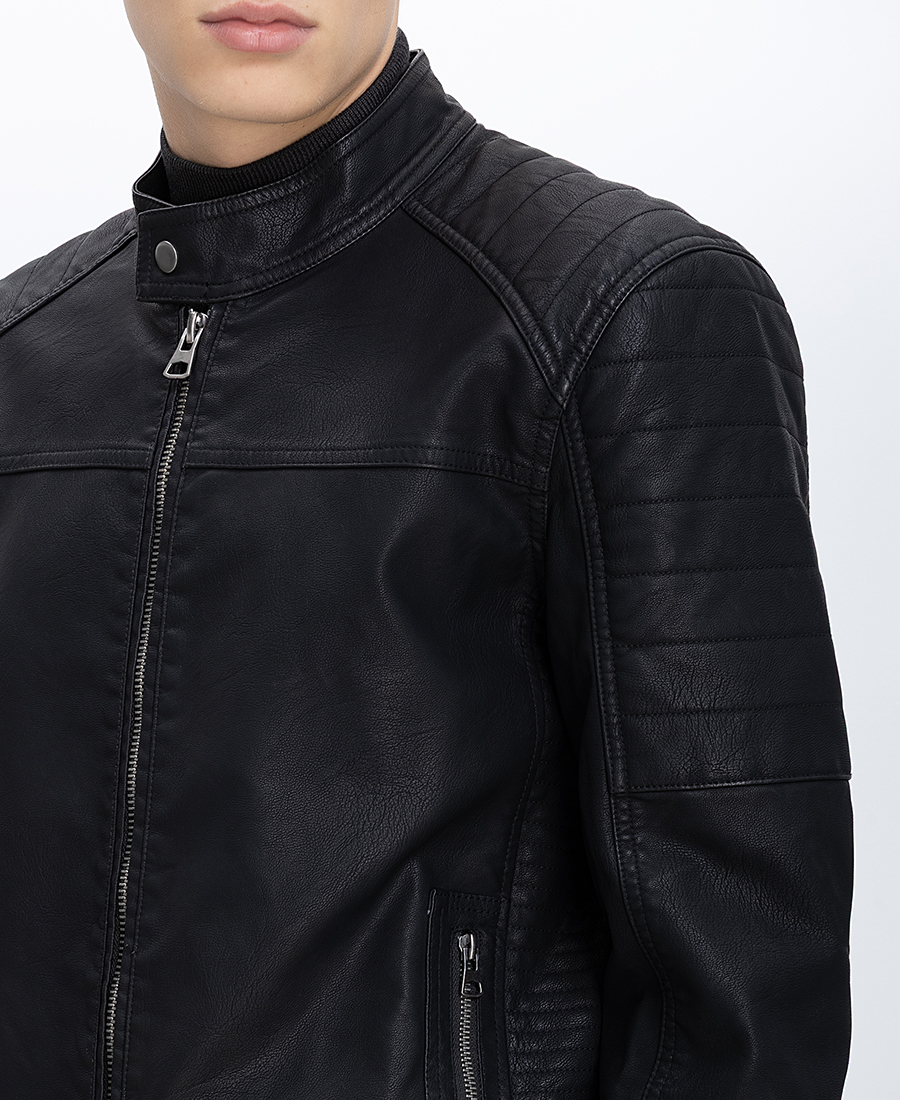 Ανδρικό Μπουφάν Δερματίνη Με Όρθιο Γιακά & Ραφές φωτογραφία