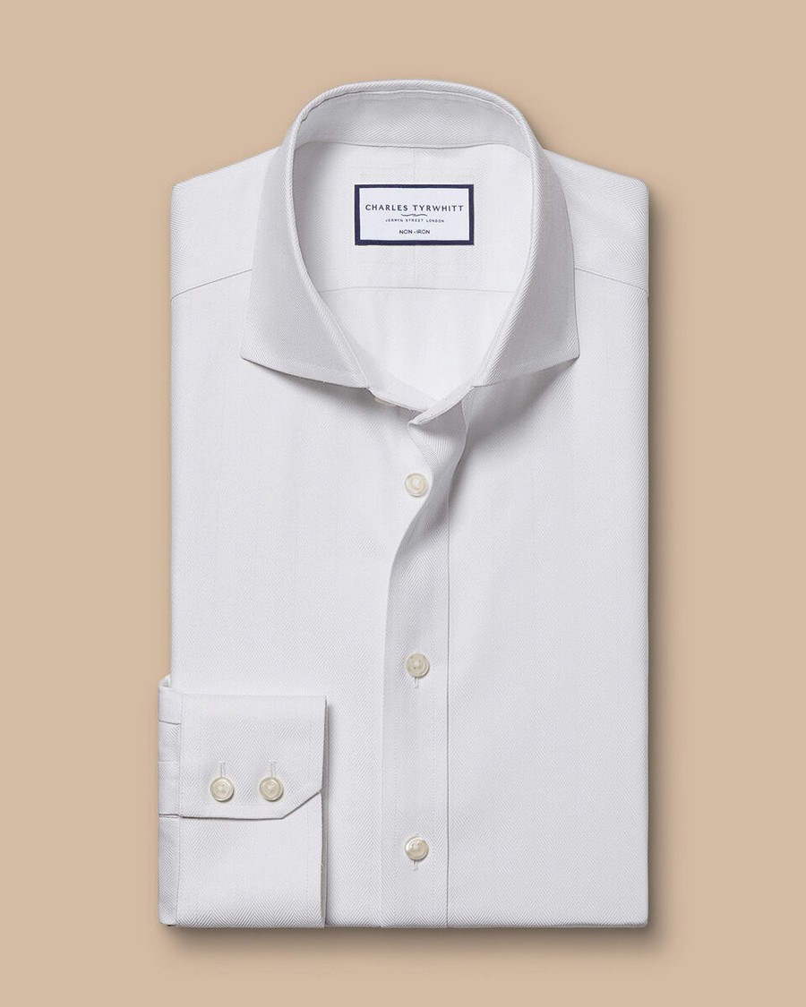 Charles Tyrwhitt Ανδρικό Πουκάμισο Non Iron με σχέδιο Ψαροκόκκαλο Slim Fit σε Λευκό φωτογραφία