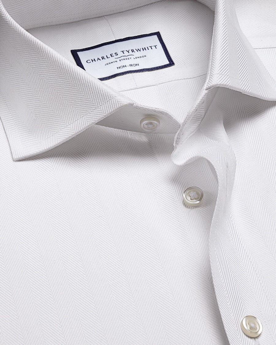 Charles Tyrwhitt Ανδρικό Πουκάμισο Non Iron με σχέδιο Ψαροκόκκαλο Slim Fit σε Λευκό φωτογραφία