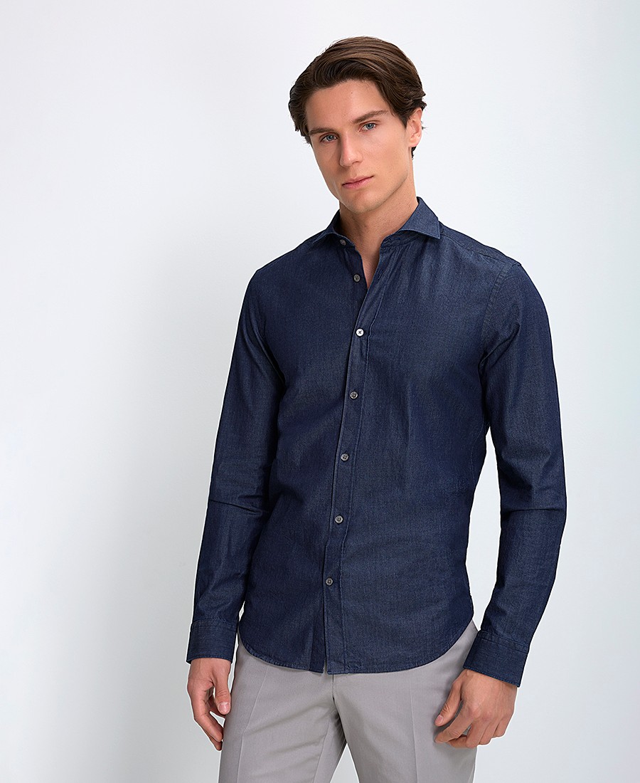 CC Collection Corneliani CC Collection Corneliani Ανδρικό Πουκάμισο Βαμβακερό με Γιακά Semi Rex Modern Fit σε Μπλε