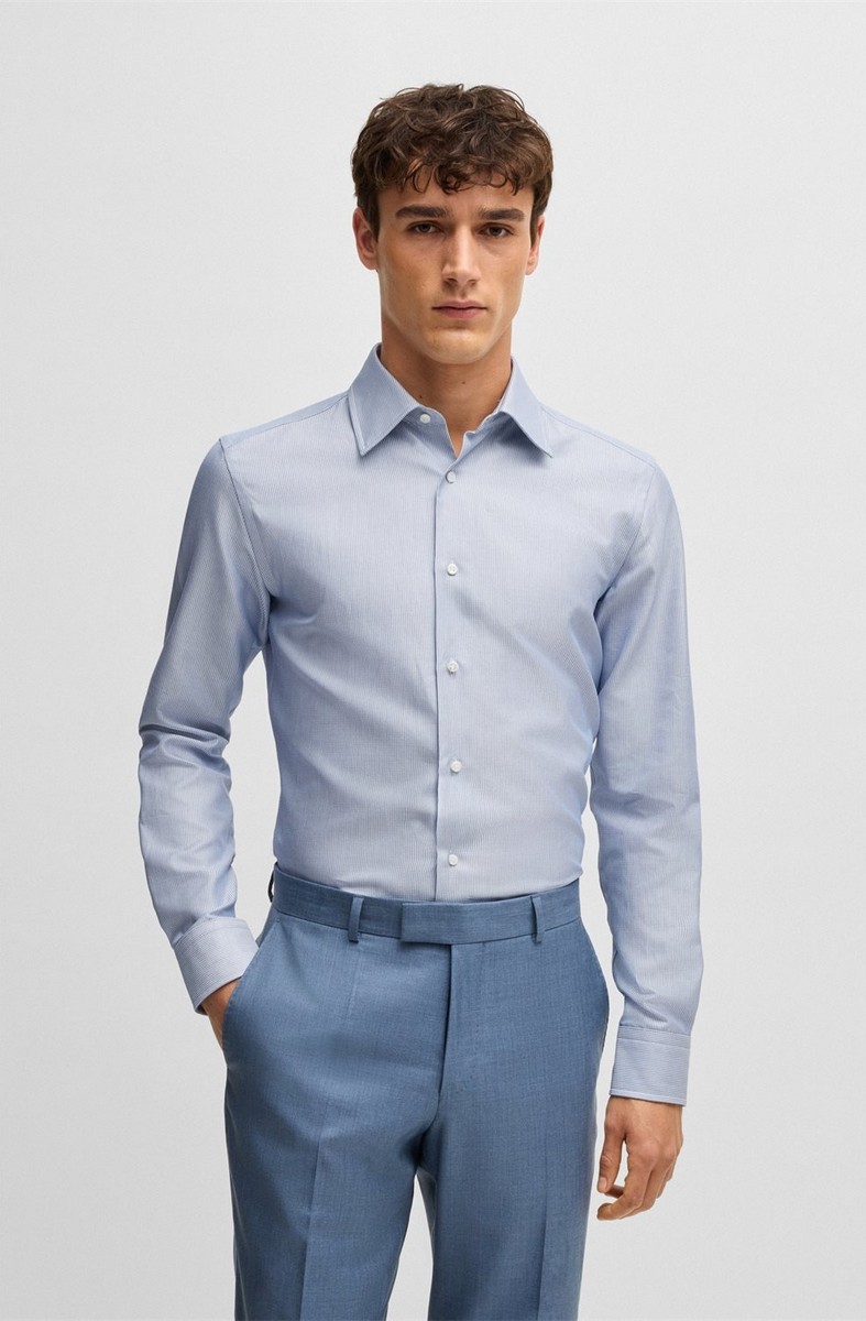 Boss Ανδρικό Πουκάμισο Slim Fit Από Βαμβάκι Με Ελαστάνη Και Μικροσχέδιο Γαλάζιο