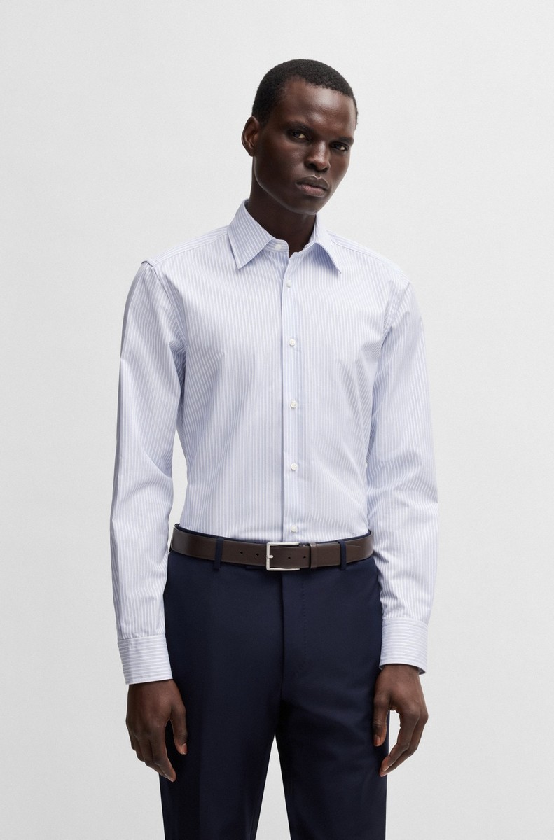 Boss Ανδρικό Πουκάμισο Slim Fit Από Βιολογικό Βαμβάκι Με Κάθετες Ρίγες Blue Patterned