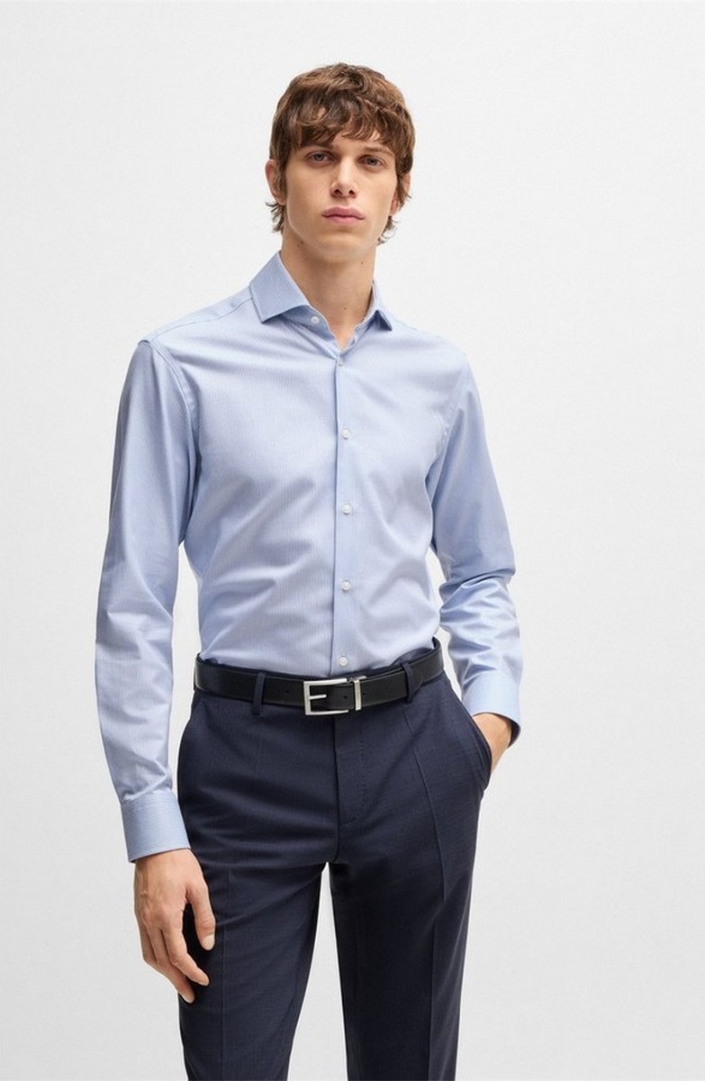 Boss Ανδρικό Πουκάμισο Regular Fit Από Δομημένο Βαμβάκι Με Spread Γιακά Light Blue