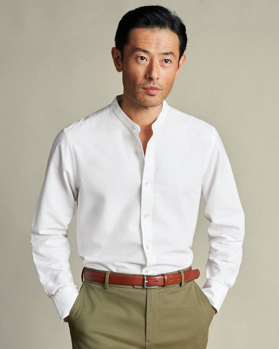 Charles Tyrwhitt Charles Tyrwhitt Ανδρικό Πουκάμισο από Βαμβάκι και Λινό χωρίς Γιακά Slim Fit σε Λευκό