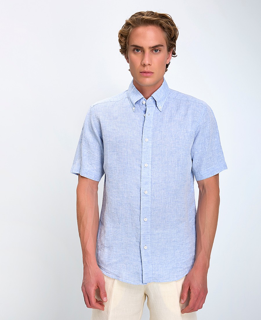 Eton Ανδρικό Πουκάμισο Slim Fit Λινό Κοντομάνικο Με Γιακά