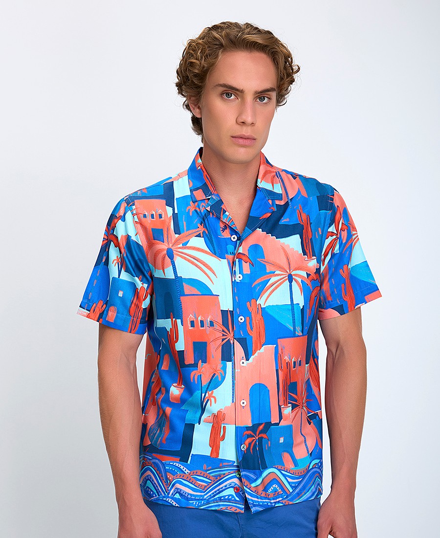 A Fish named Fred A Fish named Fred Ανδρικό Πουκάμισο Κοντομάνικο με Καλοκαιρινό Μοτίβο Desert Regular Fit