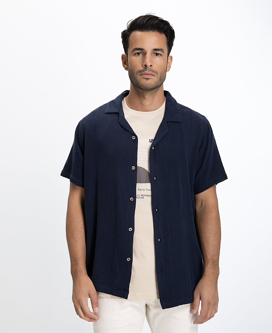 Basefield Ανδρικό Πουκάμισο Regular Fit Βαμβακερό με Κοντό Μανίκι Μπλε Σκούρο