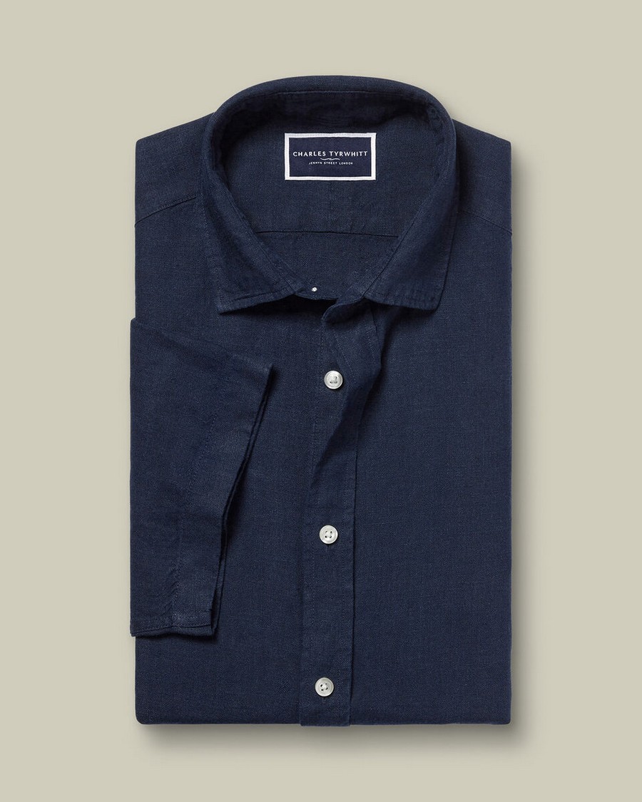 Charles Tyrwhitt Ανδρικό Πουκάμισο Λινό Κοντομάνικο Slim Fit σε Μπλε Σκούρο φωτογραφία