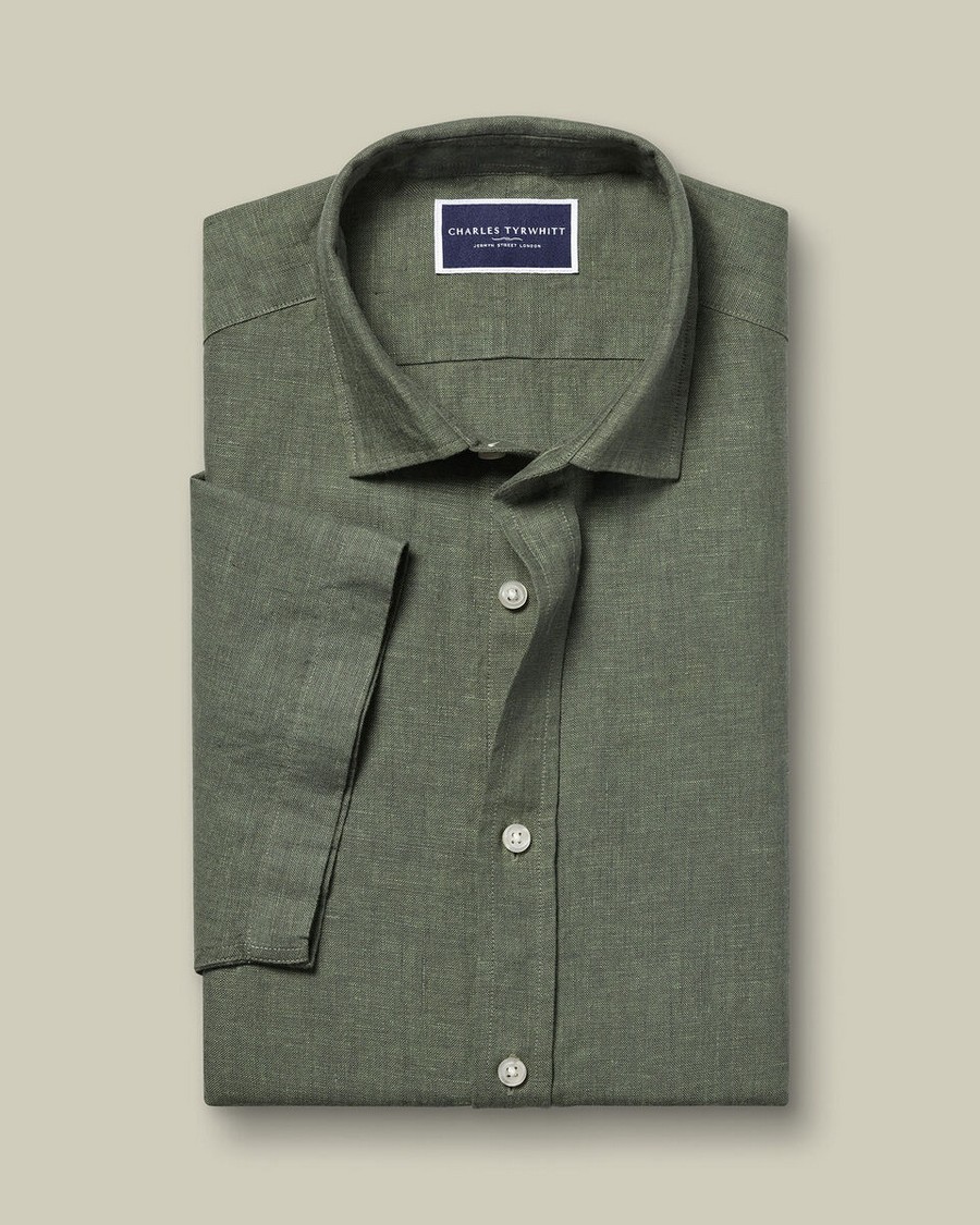 Charles Tyrwhitt Ανδρικό Πουκάμισο Λινό Κοντομάνικο Slim Fit σε Λαδί φωτογραφία