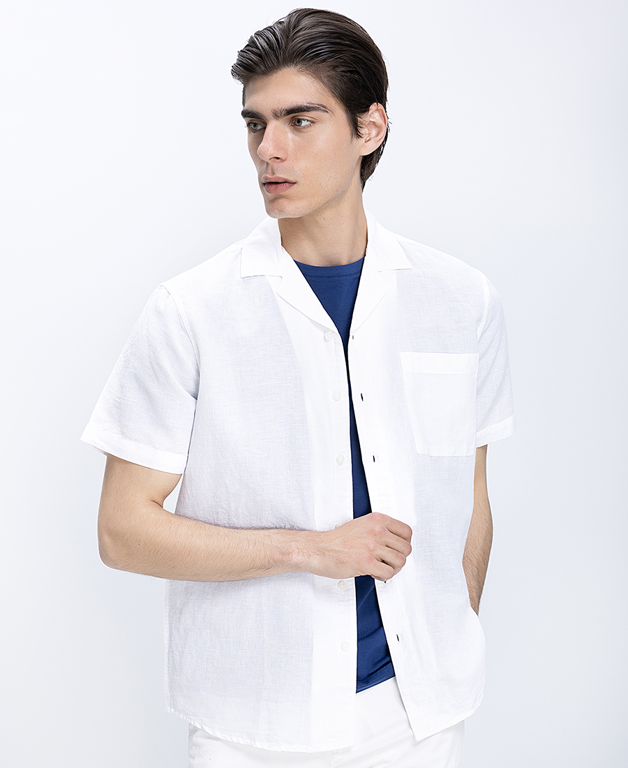 Ανδρικό Πουκάμισο Κοντομάνικο Linen Blend Με Cuban Γιακά