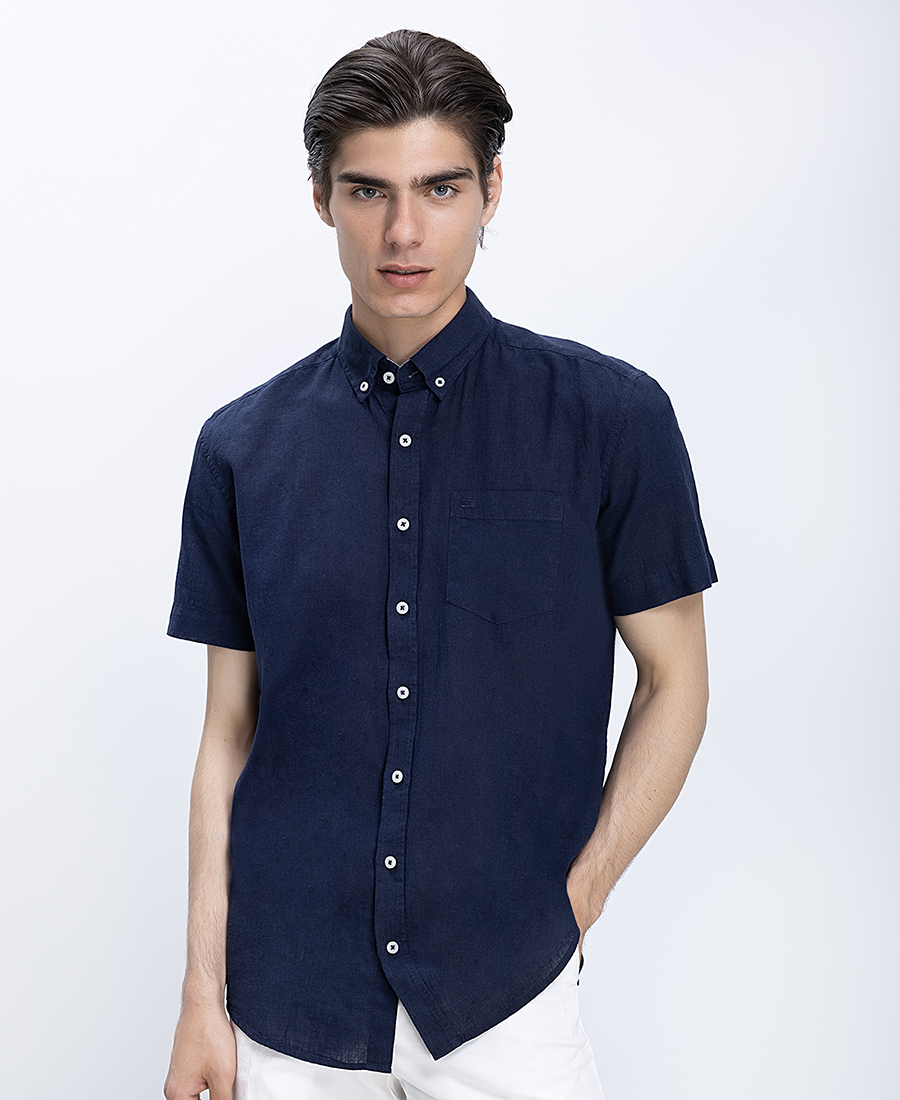 Ανδρικό Κοντομάνικο Πουκάμισο Linen Blend Με Button Down Γιακά Modern Fit