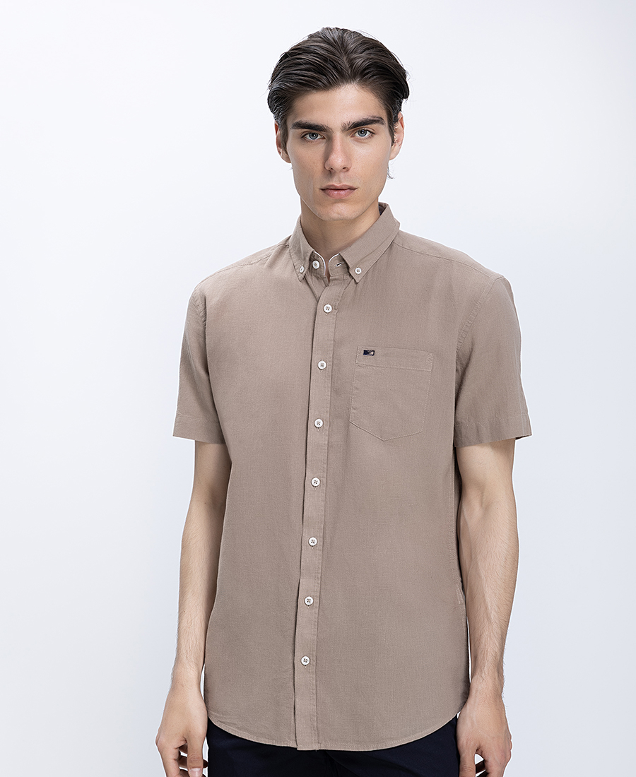 Ανδρικό Κοντομάνικο Πουκάμισο Linen Blend Με Button Down Γιακά Modern Fit