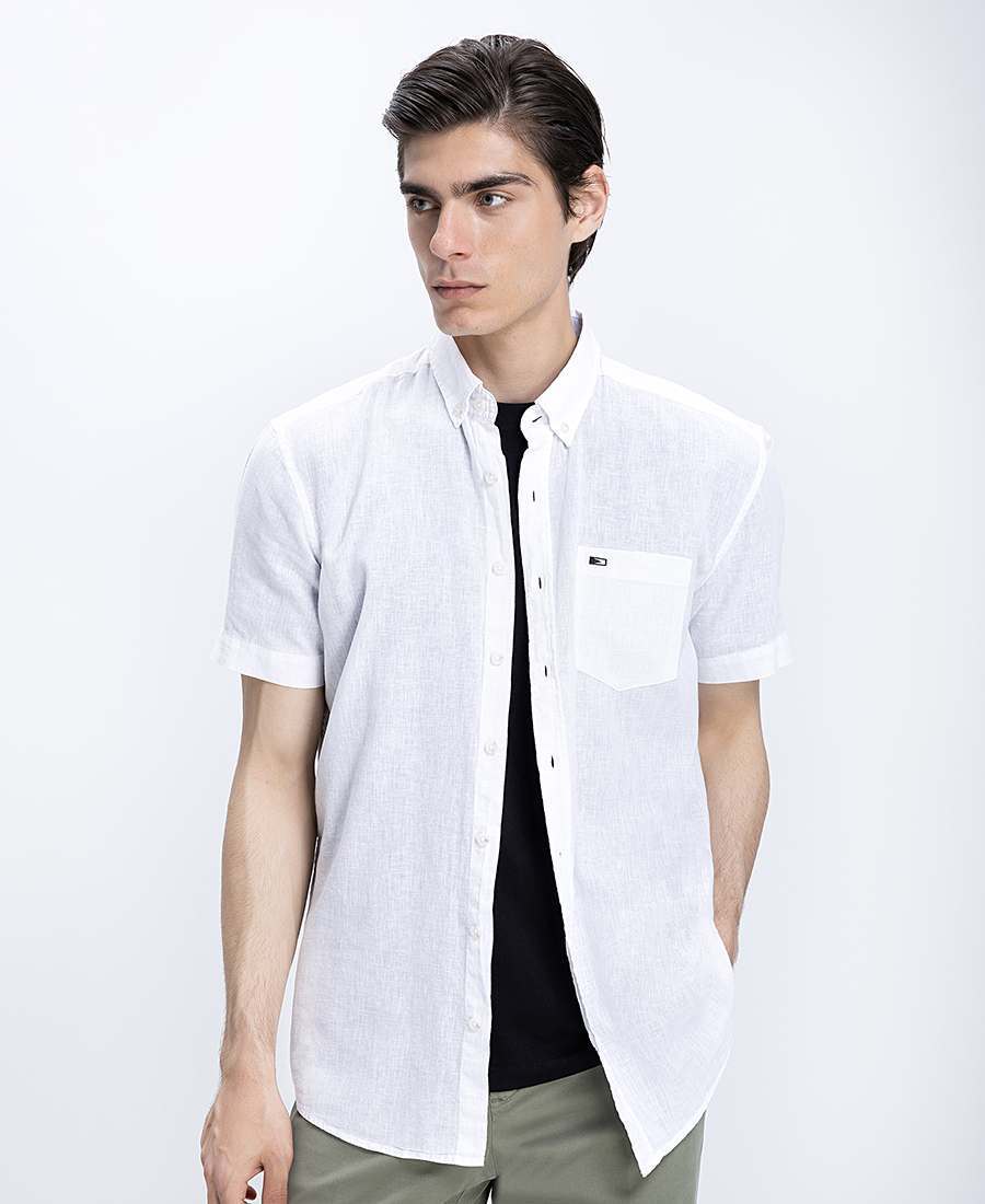 Ανδρικό Κοντομάνικο Πουκάμισο Linen Blend Με Button Down Γιακά Modern Fit