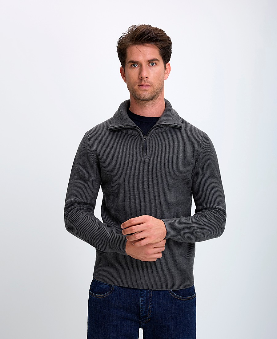 Ανδρικό Πουλόβερ με Φερμουάρ και Ριγέ Ύφανση Regular Fit