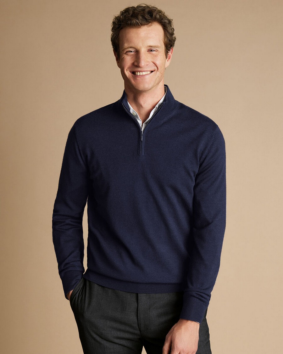 Charles Tyrwhitt Ανδρικό Πουλόβερ Merino Ημιζιβάγκο με Φερμουάρ