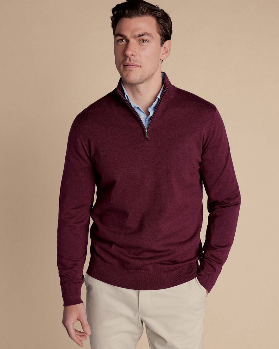 Charles Tyrwhitt Ανδρικό Πουλόβερ Merino Ημιζιβάγκο με Φερμουάρ