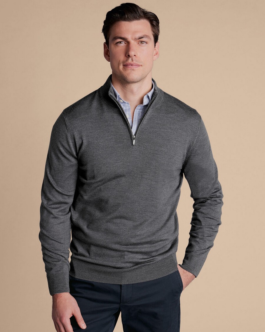 Charles Tyrwhitt Ανδρικό Πουλόβερ Merino Ημιζιβάγκο με Φερμουάρ