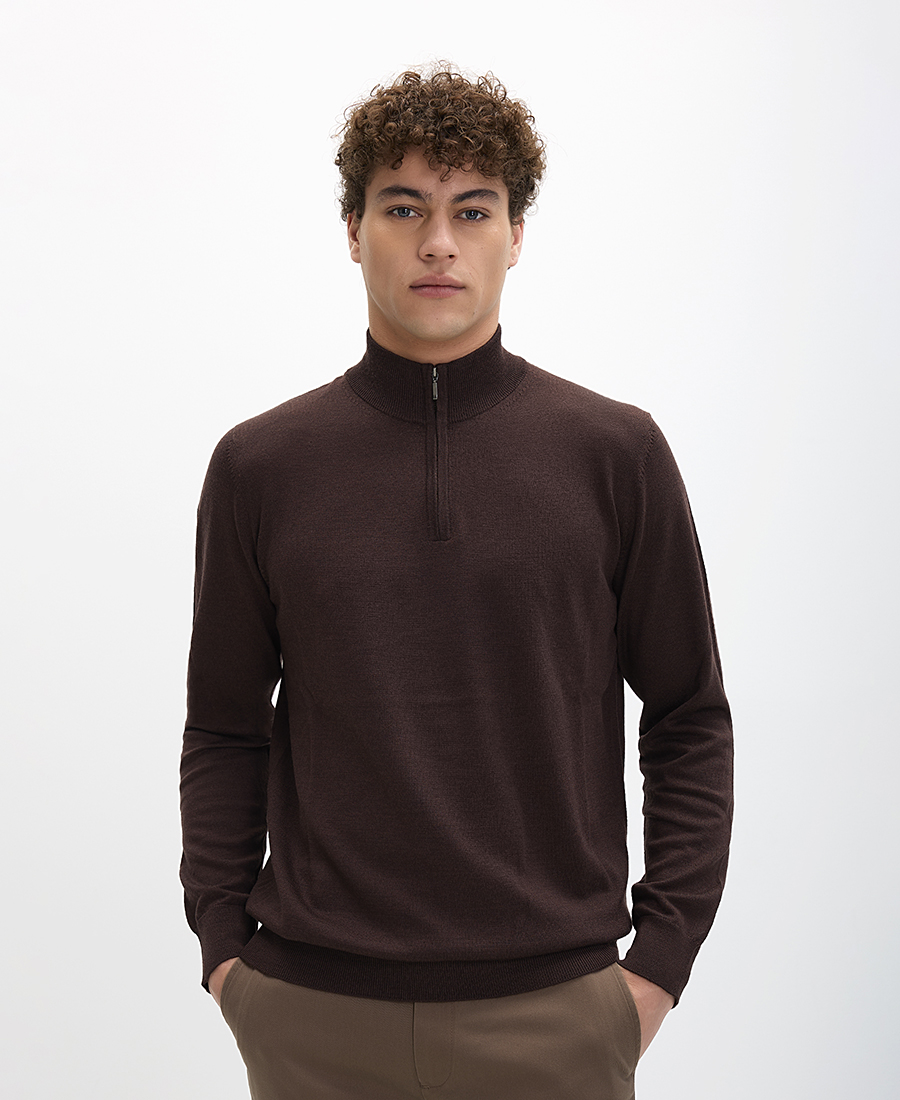 Charles Tyrwhitt Charles Tyrwhitt Ανδρικό Πλεκτό Merino Regular Fit με Φερμουάρ στη Λαιμόκοψη σε Σοκολατί