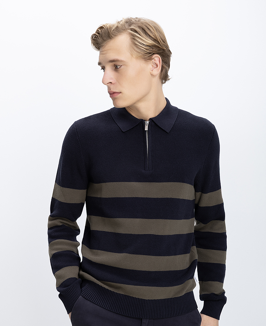 Basefield Ανδρικό Πλεκτό Regular Fit Με Ριγέ Σχέδιο Και Γιακά Polo