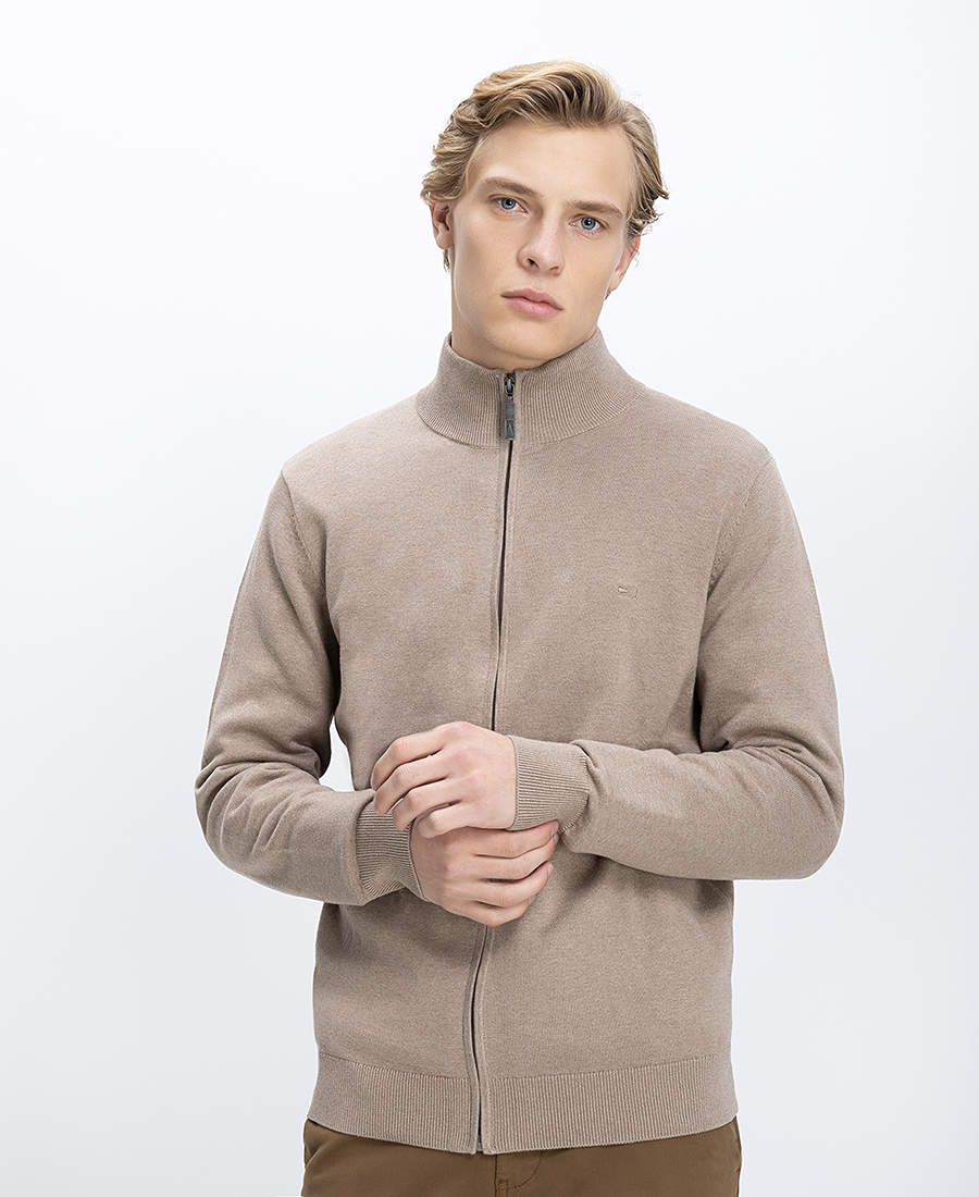 Ανδρικό Πλεκτό Regular Fit Βαμβακερό Με Φερμουάρ Και Όρθιο Γιακά