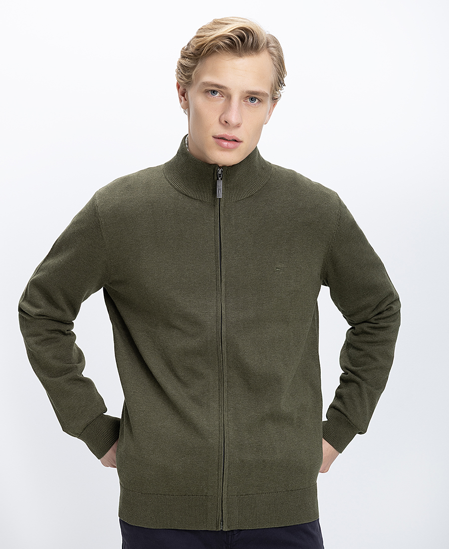 Ανδρικό Πλεκτό Regular Fit Βαμβακερό Με Φερμουάρ Και Όρθιο Γιακά