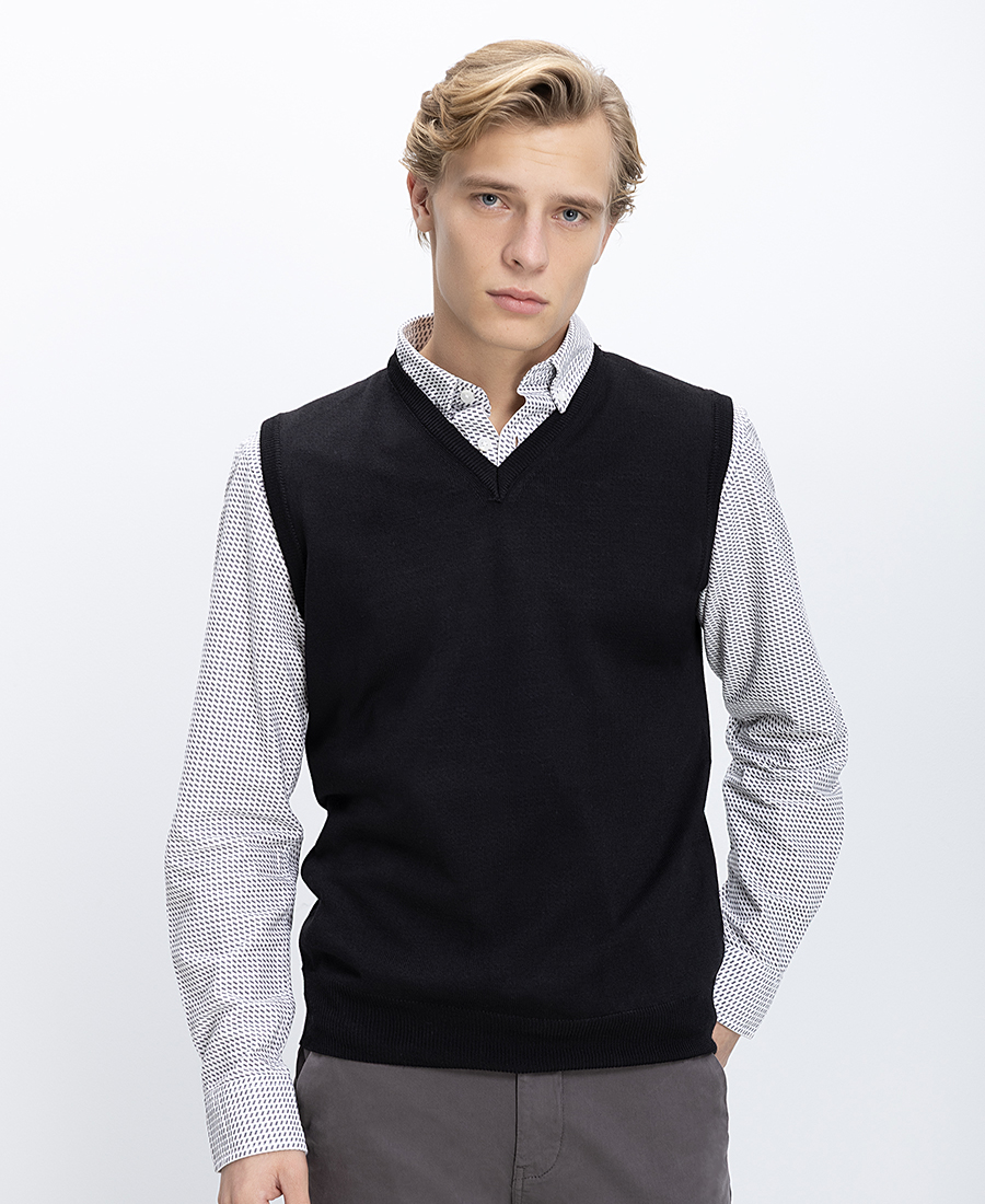 B.S Bags B.S Bags Ανδρική Πλεκτή Αμάνικη Μπλούζα Regular Fit Με Λαιμόκοψη V