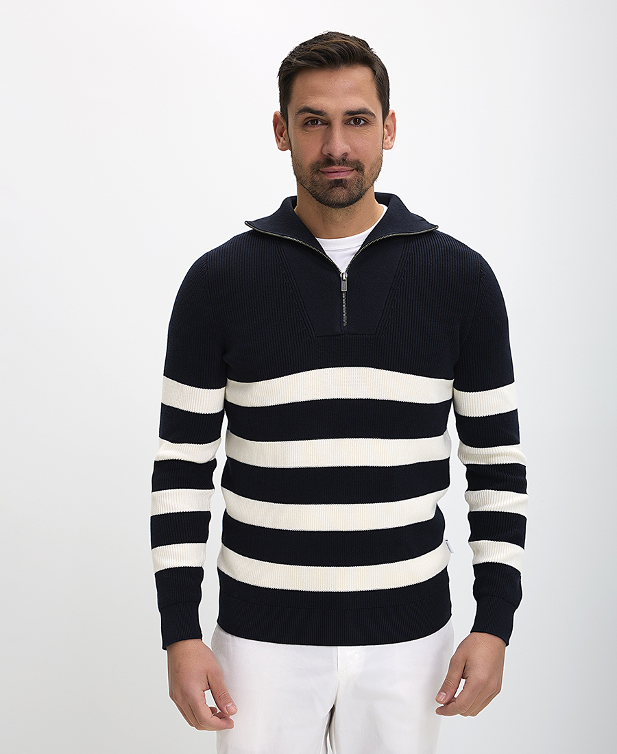 Ανδρικό Πουλόβερ Βαμβακερό Classic Fit Ριγέ Με Φερμουάρ