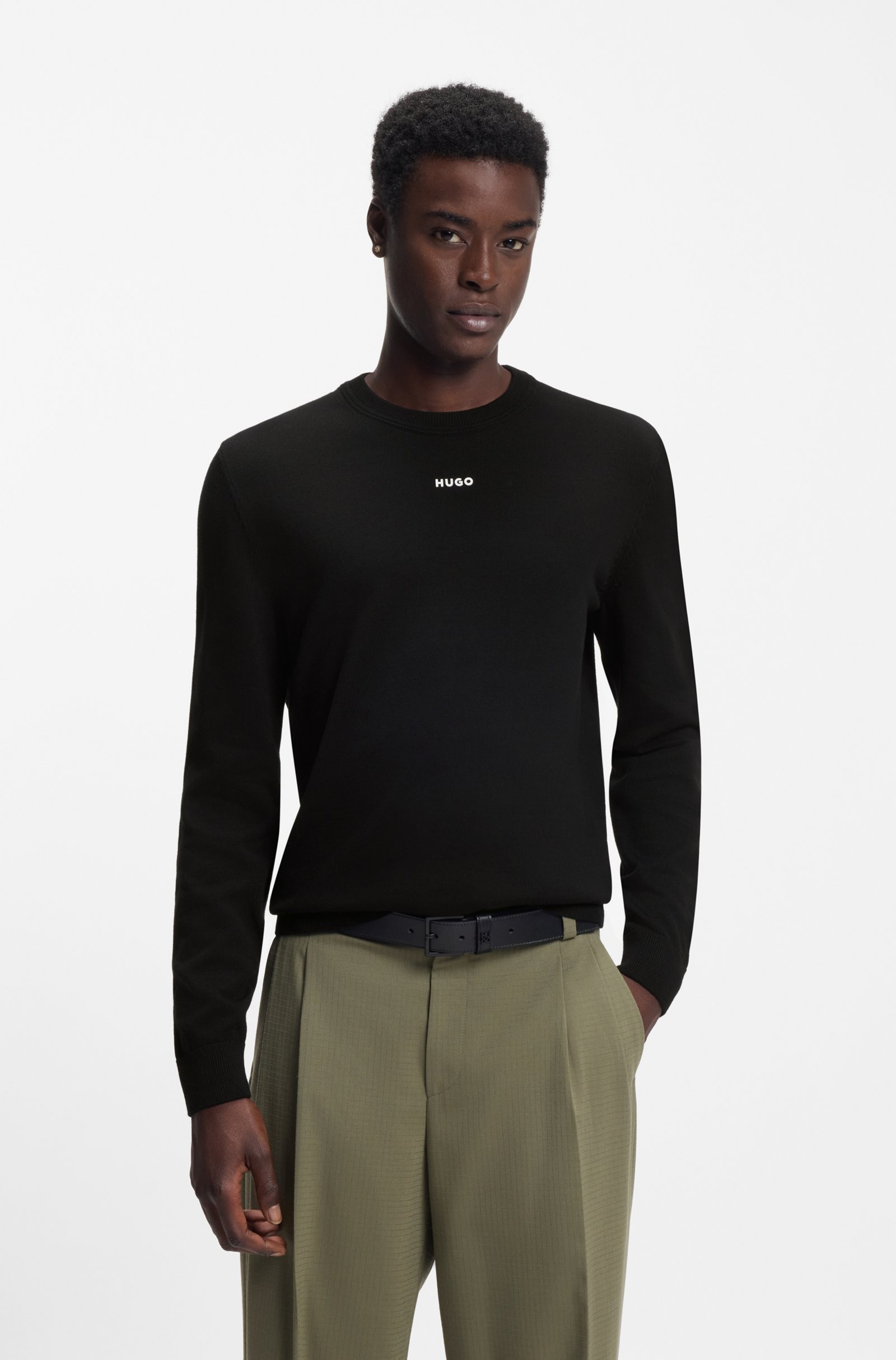 HUGO Ανδρικό Μονόχρωμο Βαμβακερό Πουλόβερ Με Logo Slim Fit Για Smart Casual Εμφανίσεις