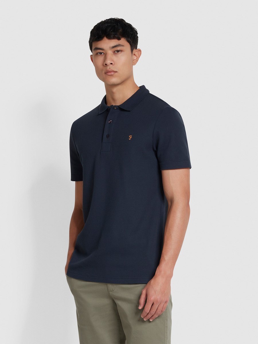 Farah Farah Ανδρικό Polo Μπλουζάκι Κοντομάνικο Slim Fit με Υφή Waffle σε Σκούρο Μπλέ