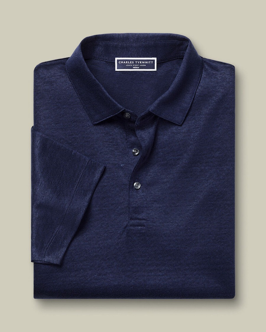 Charles Tyrwhitt Ανδρικό Polo Λινό Semi-Cutaway Collar Regular Fit σε Σκούρο Μπλε φωτογραφία